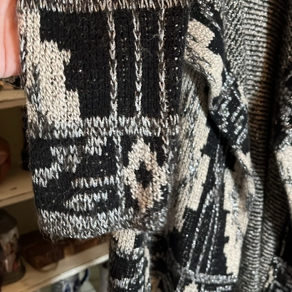 Lucky Brand M Black and beige w/grey and silver woven in. Open front cardigan. - Picture 3 of 5
